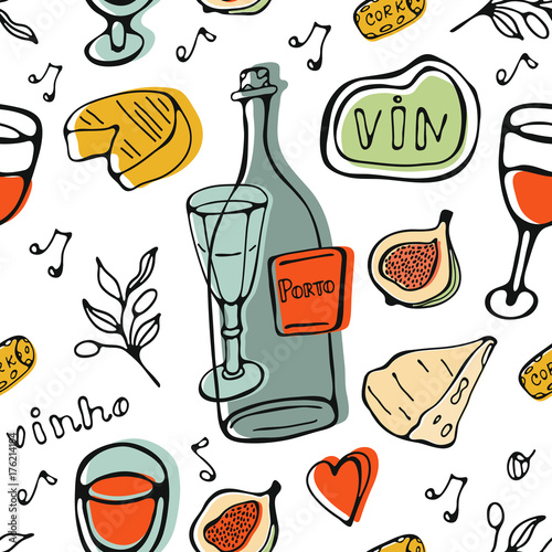 Wine collection pattern. Hand drawn seamless pattern made of wine related graphic elements