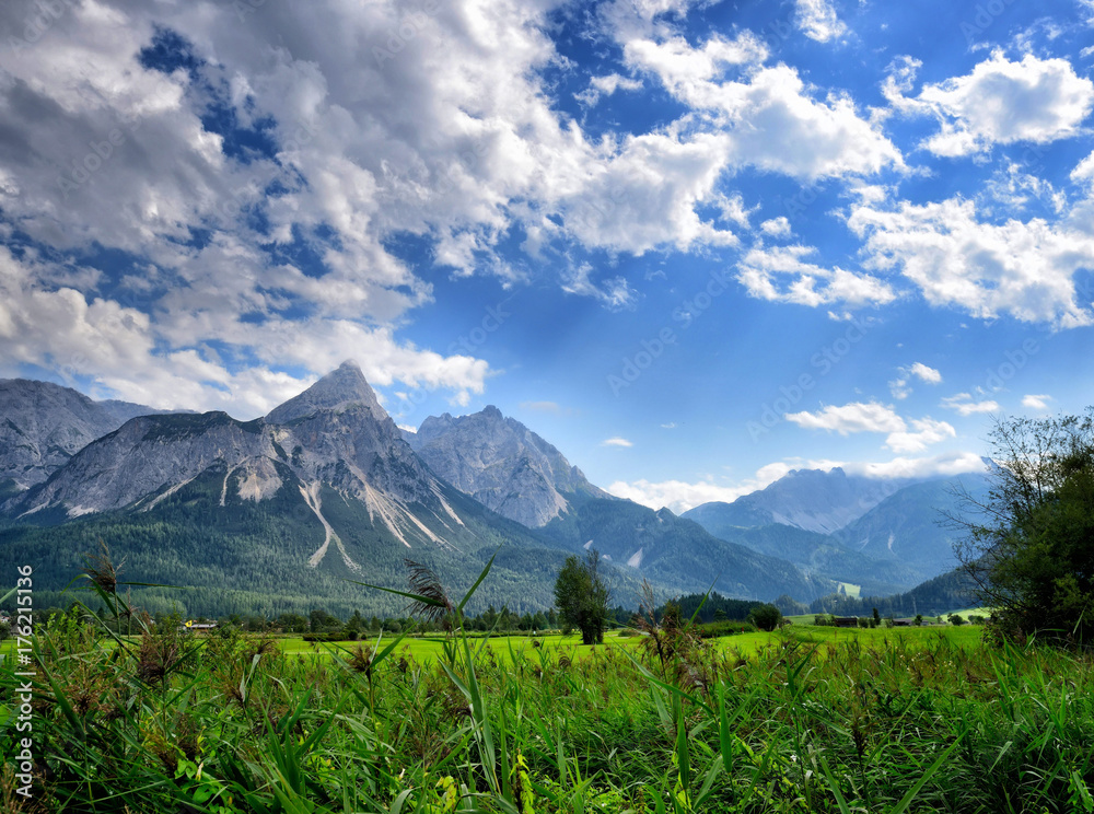 Summer mountain landscape in the Alps. View of the Ehrwalder Sonnenspitze (Tirol, Austria)