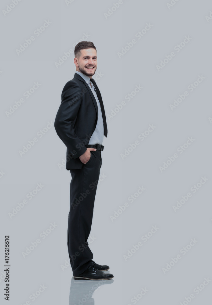 Side view of a smiling businessman, On white background Side view of a smiling businessman, On white background