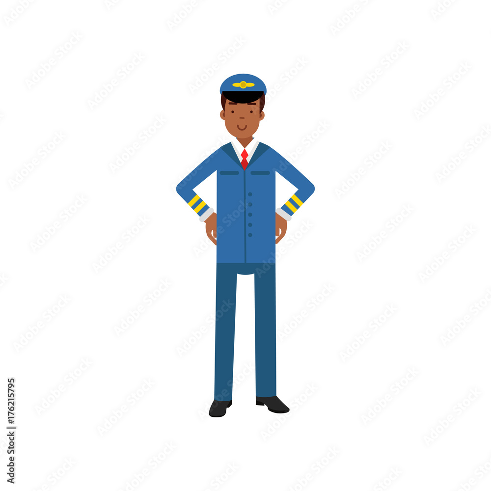 Airline pilot in blue uniform standing with hands on his waist vector Illustration