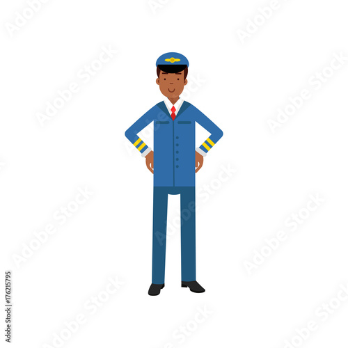 Airline pilot in blue uniform standing with hands on his waist vector Illustration