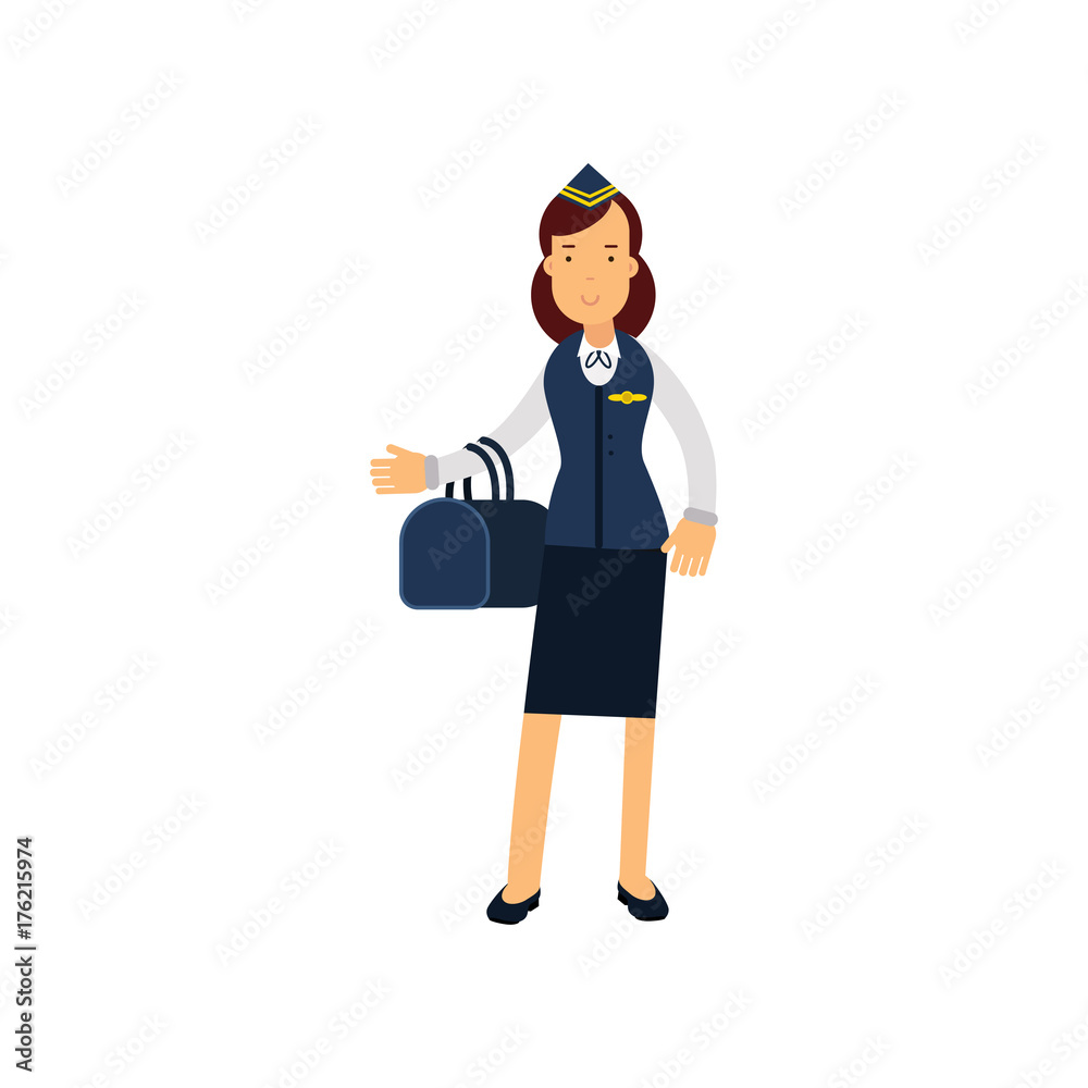 Stewardess in blue uniform standing with bag vector Illustration