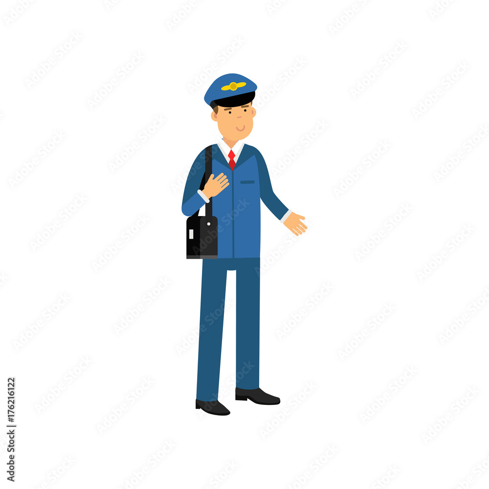 Airline pilot in blue uniform standing with bag, aircraft captain vector Illustration