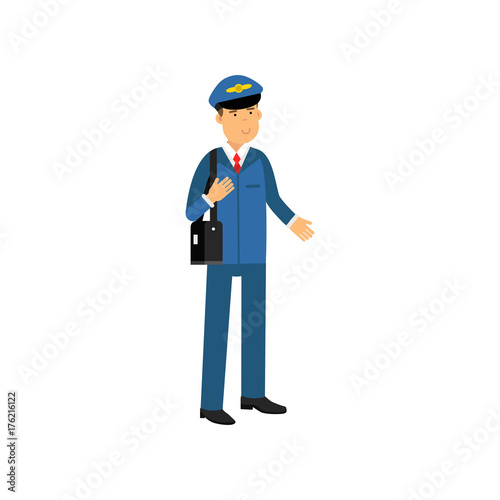 Airline pilot in blue uniform standing with bag, aircraft captain vector Illustration