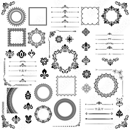 Vintage set of vector horizontal, square and round elements. Different elements for decoration design, frames, cards, menus, backgrounds and monograms. Classic patterns. Set of fine vintage patterns