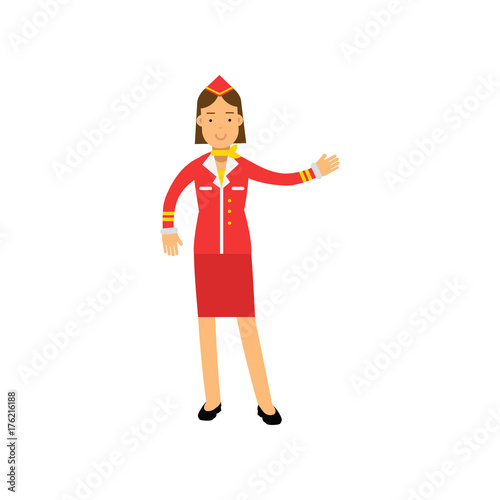 Stewardess in red uniform doing a welcome gesture vector Illustration