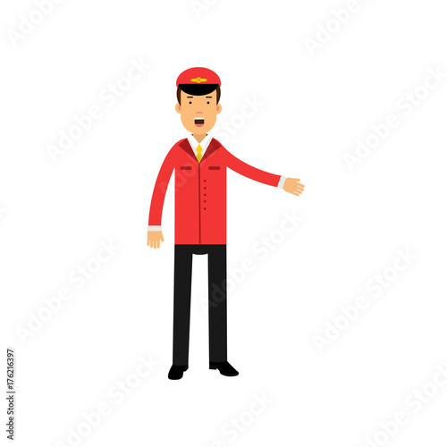 Airline pilot in red uniform doing a welcome gesture, aircraft captain vector Illustration