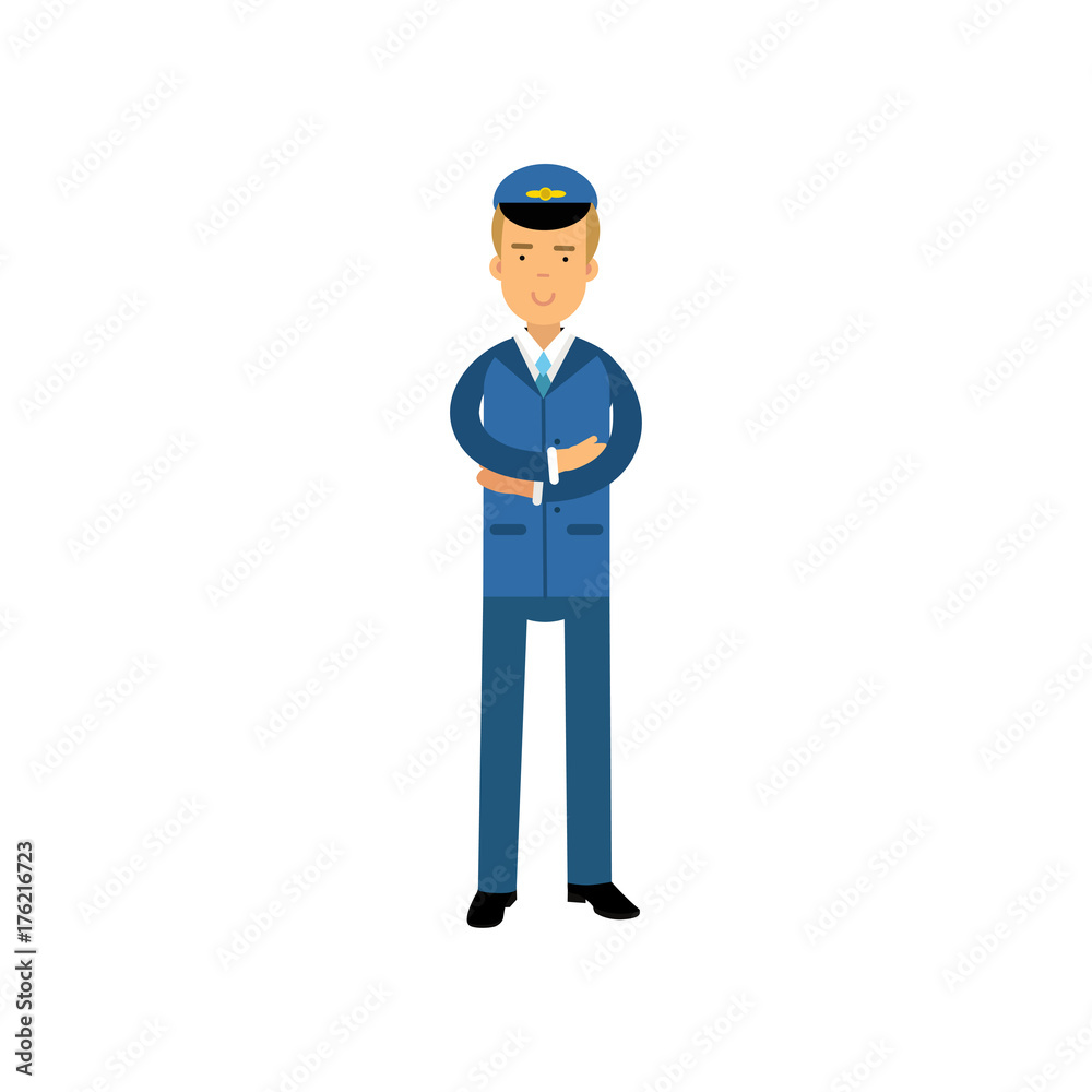Airline pilot in blue uniform standing with folded hands, aircraft captain vector Illustration