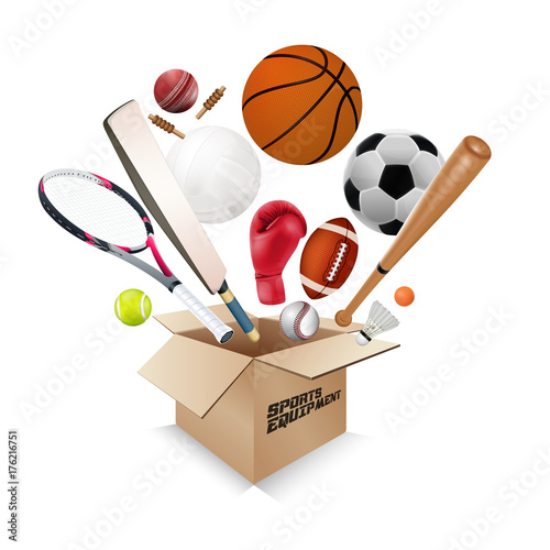 Sports equipment collection out of box with a football, basketball, baseball, soccer, tennis, ball volleyball, boxing gloves, cricket ball and badminton on white background. vector illustration.
