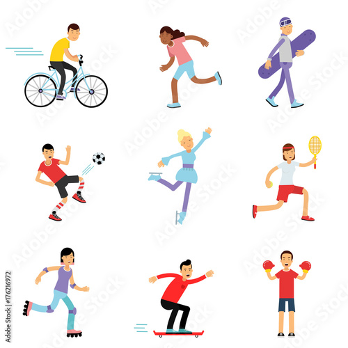 Teen boys and girls engaging in different sports activities  sportive children practicing in class gym and outdoors cartoon vector Illustrations