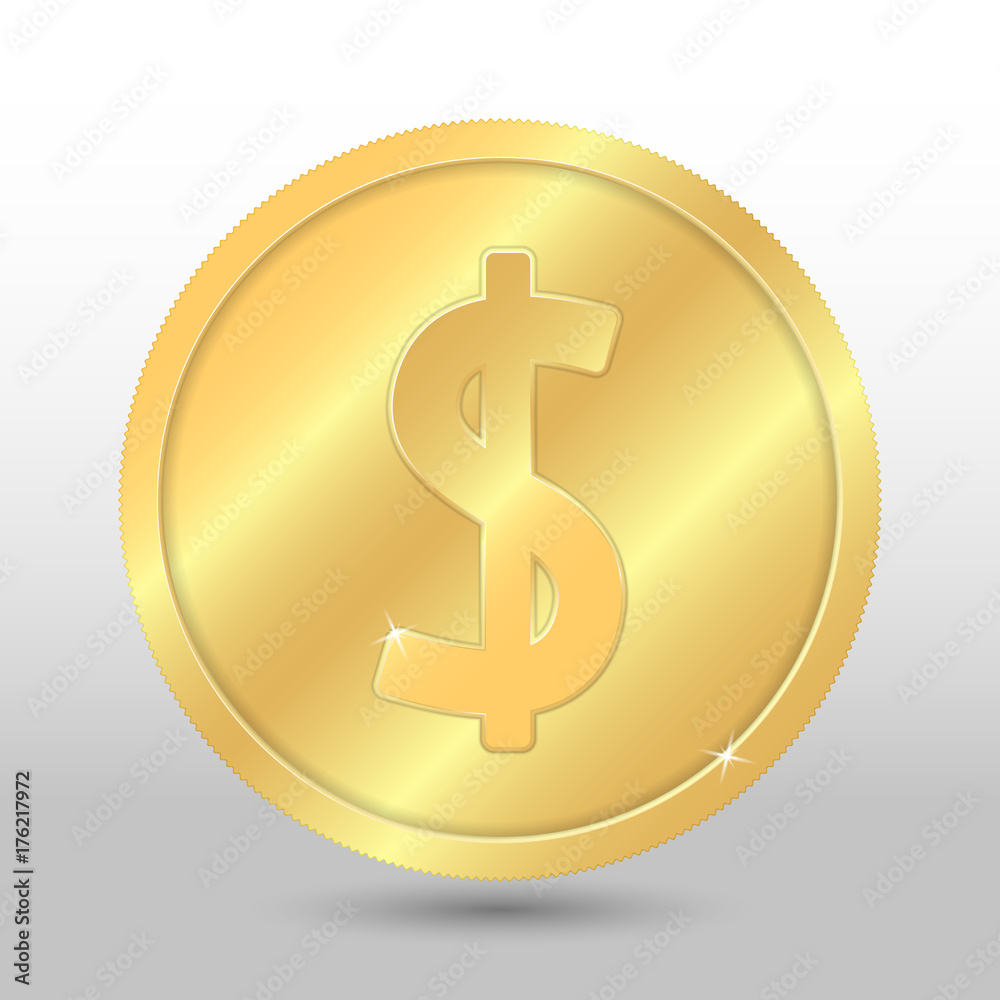 Realistic gold coin with dollar sign. Vector coin on gray background Realistic gold coin with dollar sign. Vector coin on gray background