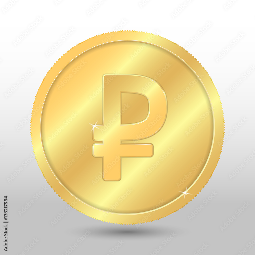 Realistic gold coin with ruble sign. Vector coin on gray background Realistic gold coin with ruble sign. Vector coin on gray background