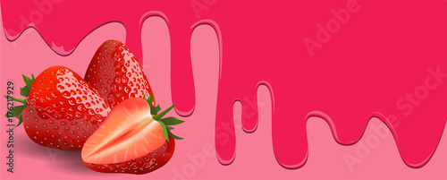 Strawberry fruit on Pink background, flowing juicy syrup and copy space for text. vector illustration.