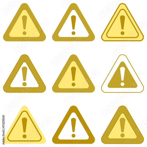 Set of vector exclamation golden signs. Collection of various colored signs