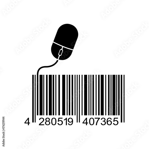 Icono plano codigo de barras mouse negro en fondo blanco