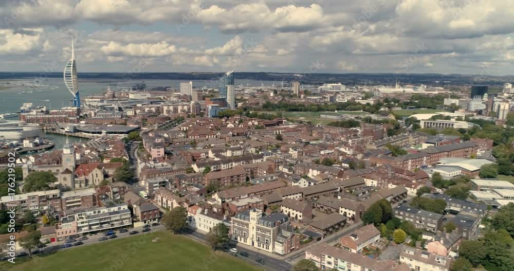 Aerial panning view of the town and the bay of Portsmouth, Southern England Aerial panning view of the town and the bay of Portsmouth, Southern England