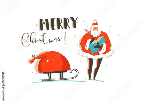 Hand drawn vector abstract fun Merry Christmas time illustration greeting card with Santa Claus,bag of many surprise gifts on sleigh and modern typography isolated on white background.