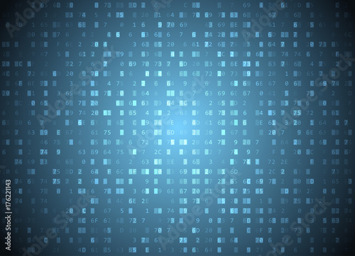 Vector hexadecimal code blue background. Big data and programming hacking, deep decryption and encryption, computer streaming byte source. Coding or Hacker concept hex-editor window.