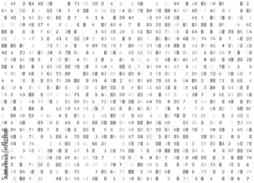 Vector hexadecimal code white seamless background. Big data and programming hacking, decryption encryption, computer streaming byte source. Coding hex-editor or Hacker concept texture or web page fill photo