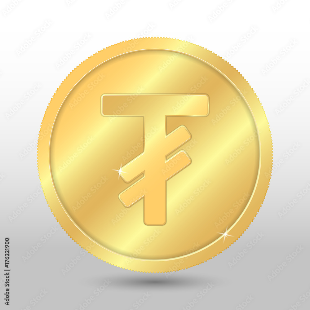 Realistic gold coin with tugrik sign. Vector coin on gray background Realistic gold coin with tugrik sign. Vector coin on gray background