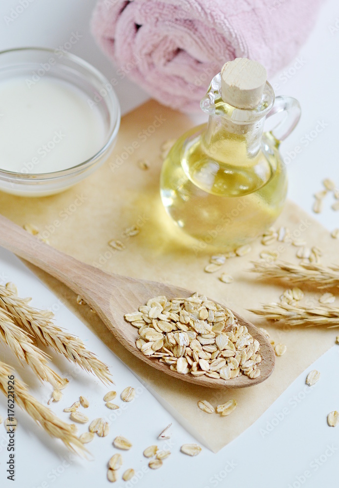 Natural Ingredients for Homemade Oat Body Face Milk Scrub Salt Oil Honey Beauty Concept Organic Eco Healthy Lifestyle Natural Ingredients for Homemade Oat Body Face Milk Scrub Salt Oil Honey Beauty Concept Organic Eco Healthy Lifestyle