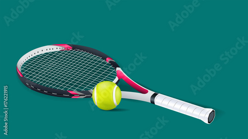 Tennis racket with a tennis ball on a tennis court isolated on green background. vector and illustration.