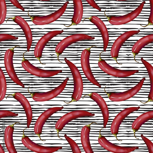 Realistic red hot chili peppers seamless pattern on doodle line background. Spices endless texture. Can be used for kitchen design, wrapping paper and wallpaper