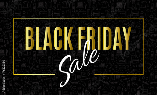 Black Friday sale inscription banner. Abstract sale background with line golden frame on shopping icons doodle pattern