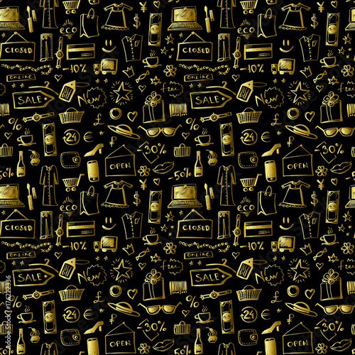 Doodle shopping gold icons seamless pattern for Black Friday design. Abstract sale or offer background