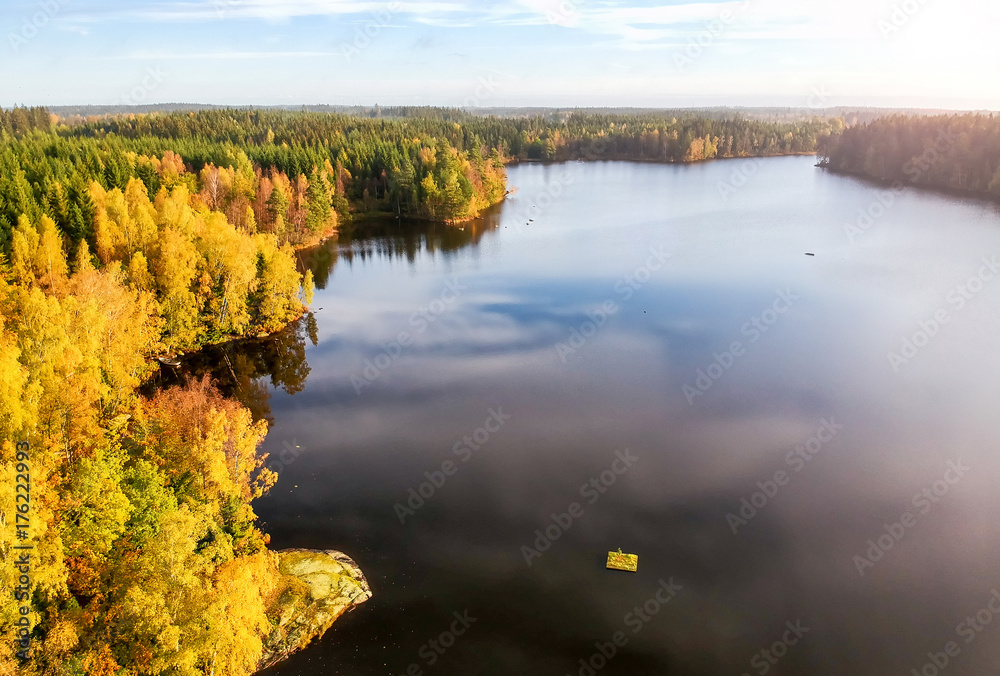 Aerial sunrise lake view in Sweden