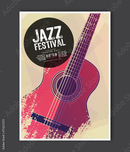 Music poster template. Vector Jazz music flyer background with acoustic guitar flat illustration. A4 size flyer.