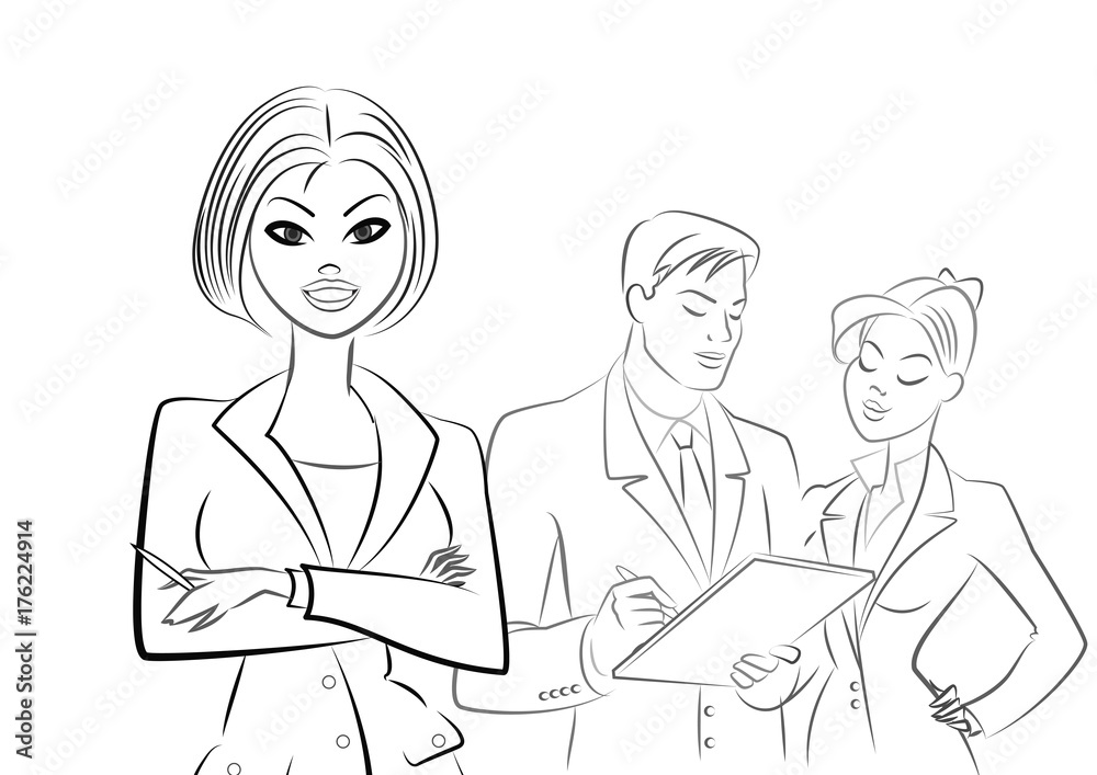 Business people meeting. Outline sketch. Isolated on a white background Business people meeting. Outline sketch. Isolated on a white background