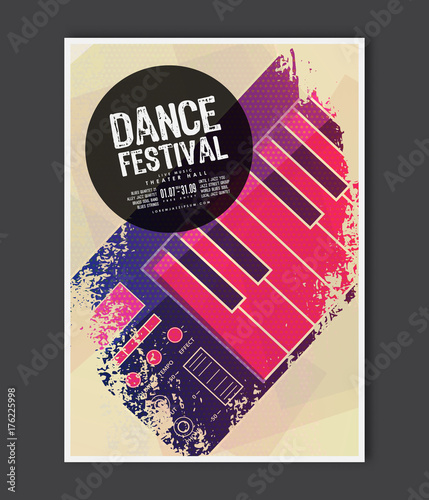 Music poster template. Vector Dance music flyer background with keyboard flat illustration. A4 size flyer.