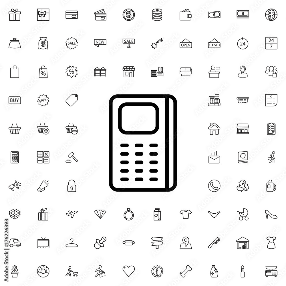 Pos terminal icon. set of outline shopping icons.