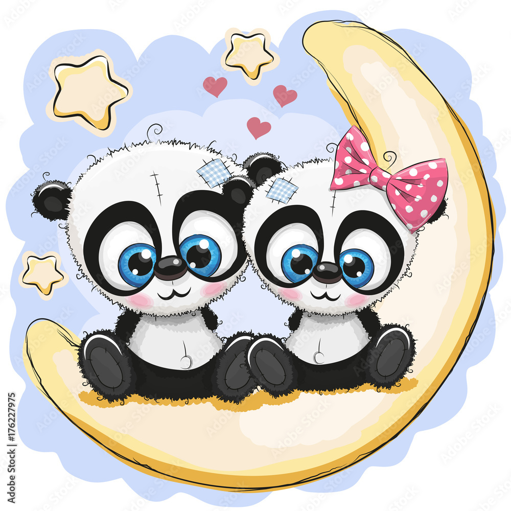 Obraz premium Two Pandas is sitting on the moon