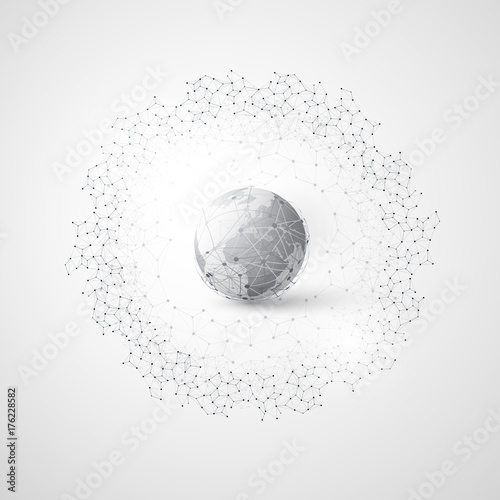 Abstract Cloud Computing and Global Network Connections Concept Design with Transparent Geometric Mesh, Wireframe Ring - Illustration in Editable Vector Format