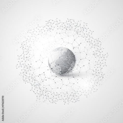 Abstract Cloud Computing and Global Network Connections Concept Design with Transparent Geometric Mesh, Wireframe Ring - Illustration in Editable Vector Format
