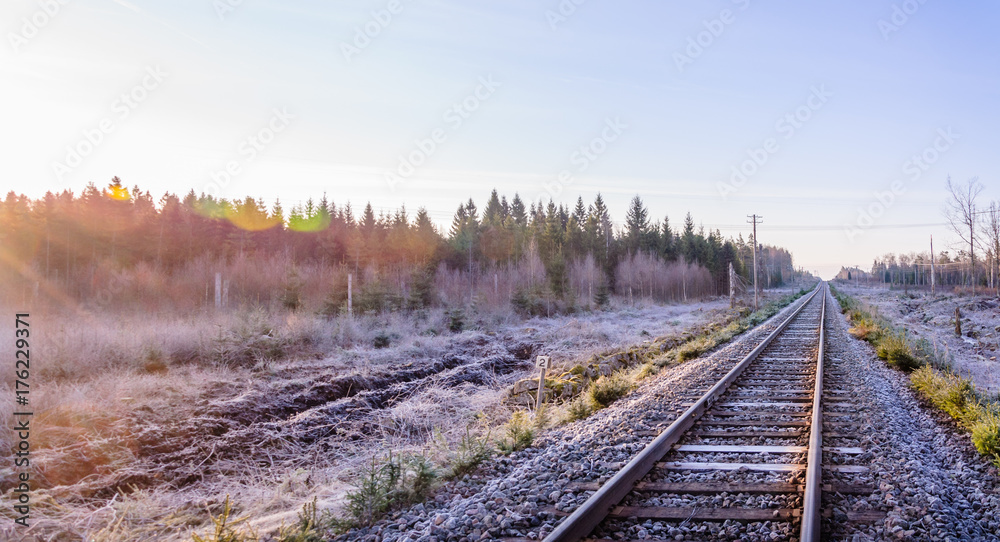 Fototapeta premium Frosty morning sunrise at the traintracks leading into the unknown distance
