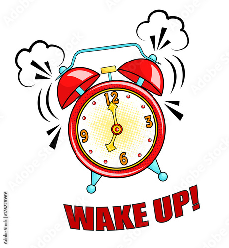 Comic alarm clock ringing and expression with wake up text. Vector bright dynamic cartoon object in retro pop art style isolated on white background