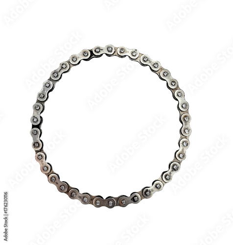 Old chain of motor engine. Close up of a dirty motorcycle chain with a motor oil on a wheel and  metal parts,Circle  isolated on white background