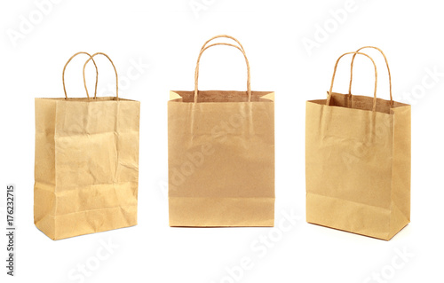 blank brown paper bag isolated on white ,three paper bag background