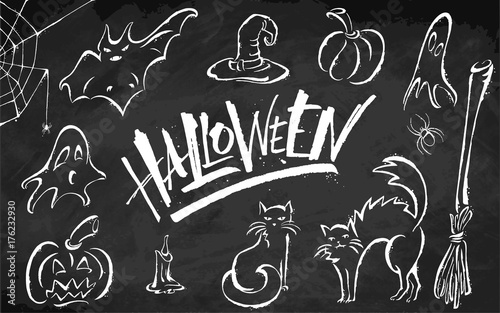 Halloween clipart set on blackboard background. Hand drawn pictures  vector illustration. Template for banners  posters  merchandising  cards or photo overlays.