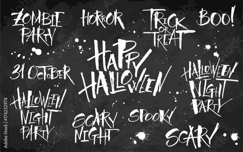Halloween lettering set on blackboard background. Hand drawn pictures, vector illustration. Template for banners, posters, merchandising, cards or photo overlays.