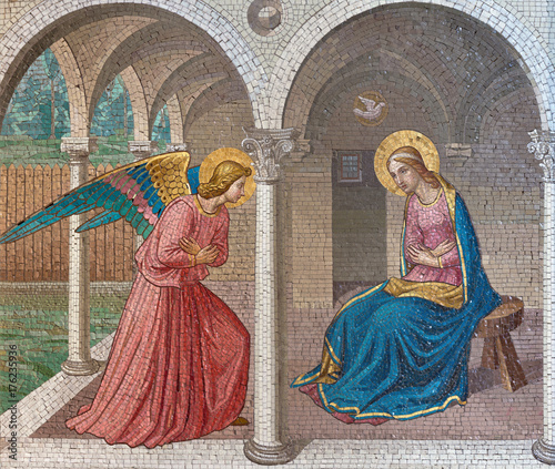 LONDON, GREAT BRITAIN - SEPTEMBER 17, 2017: The mosaic of The Annunciation after Fra Angelico in church St. Barnabas by Bodley and Garner (end of 19. cent.).