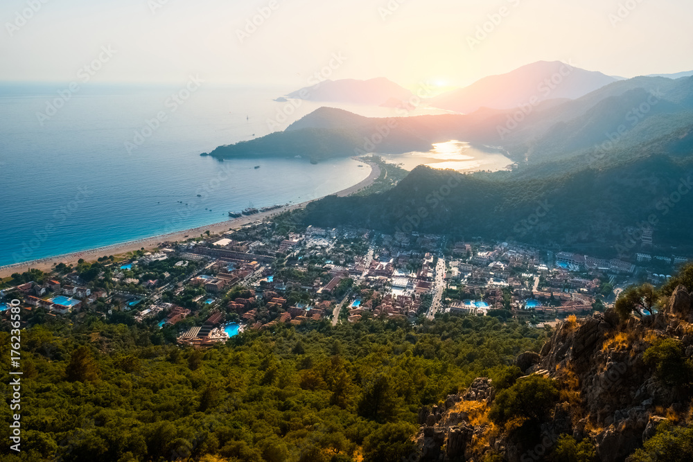 Oludeniz beach and small town of Oludeniz, view from mountain during sunset