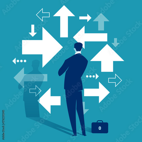 Uncertainty. A businessman looks at arrows pointing to many directions. Concept business vector illustration