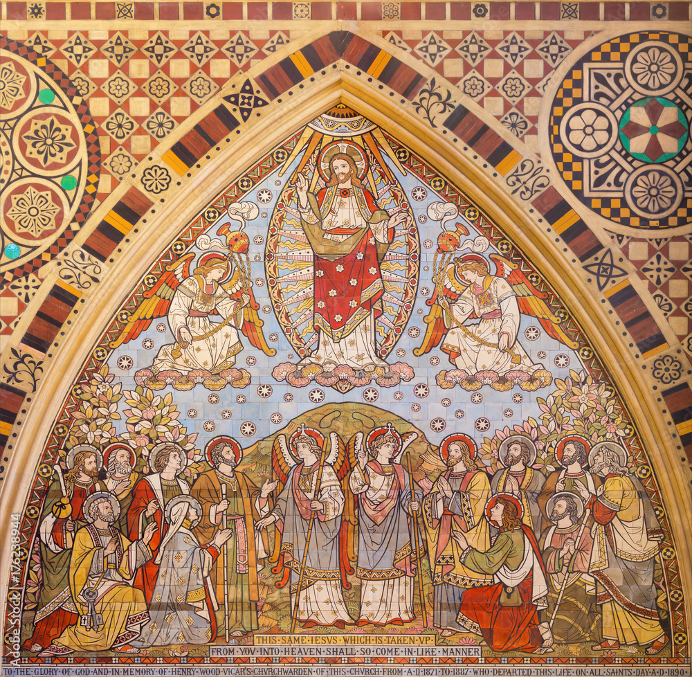 LONDON, GREAT BRITAIN - SEPTEMBER 15, 2017: The tiled mosaic of Ascension of the Lord in church All Saints by Matthew Digby Wyatt (1820 - 1877).