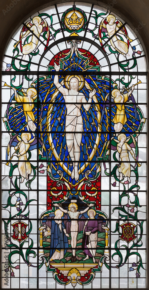 LONDON, GREAT BRITAIN - SEPTEMBER 14, 2017: The resurrected Jesus Christ on the stained glass in church St. Lawrence Jewry by Christopher Webb (half of 20. cent.)