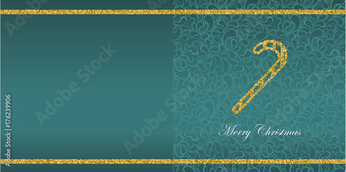Greeting card with Christmas symbol from gold sequins and the inscription Merry Christmas. Floral background pattern. Glamour swirles. Vector.