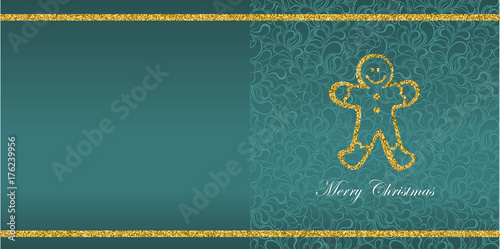 Greeting card with Christmas symbol from gold sequins and the inscription Merry Christmas. Floral background pattern. Glamour swirles. Vector.